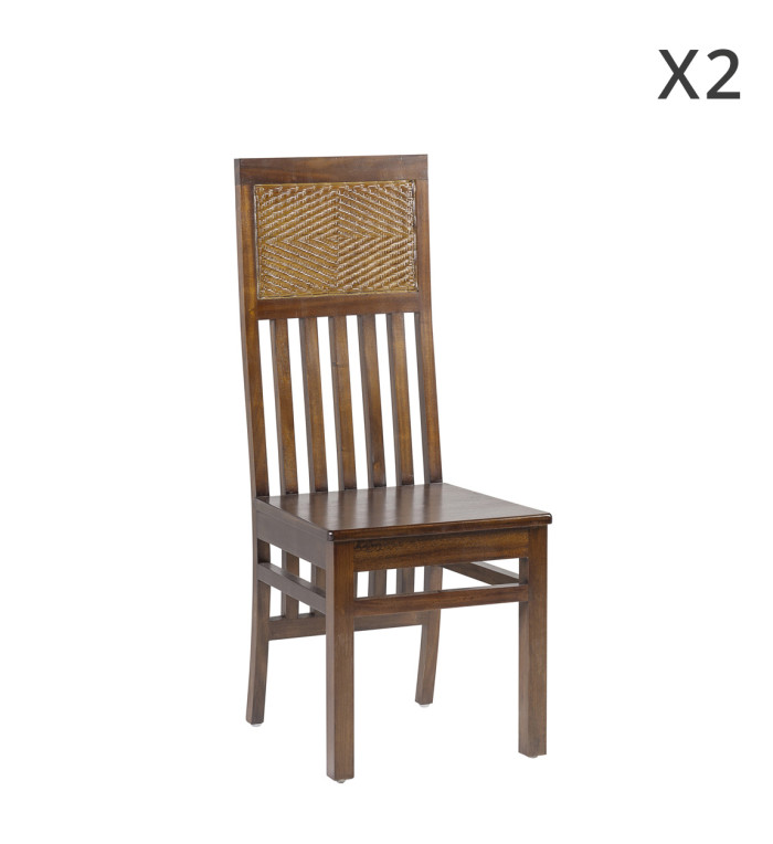 FLAMINGO - Set of 2 mahogany wood and brown rattan chairs 45 x 50 x 110