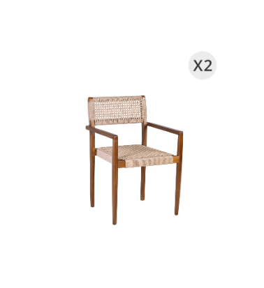 Set of 2 teak and rope armchairs 53 x 51 x 80