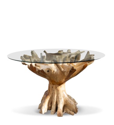 Teak root and glass dining table 130 x 130 x 78