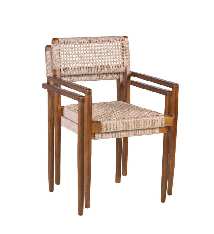 Set of 2 teak and rope armchairs 53 x 51 x 80