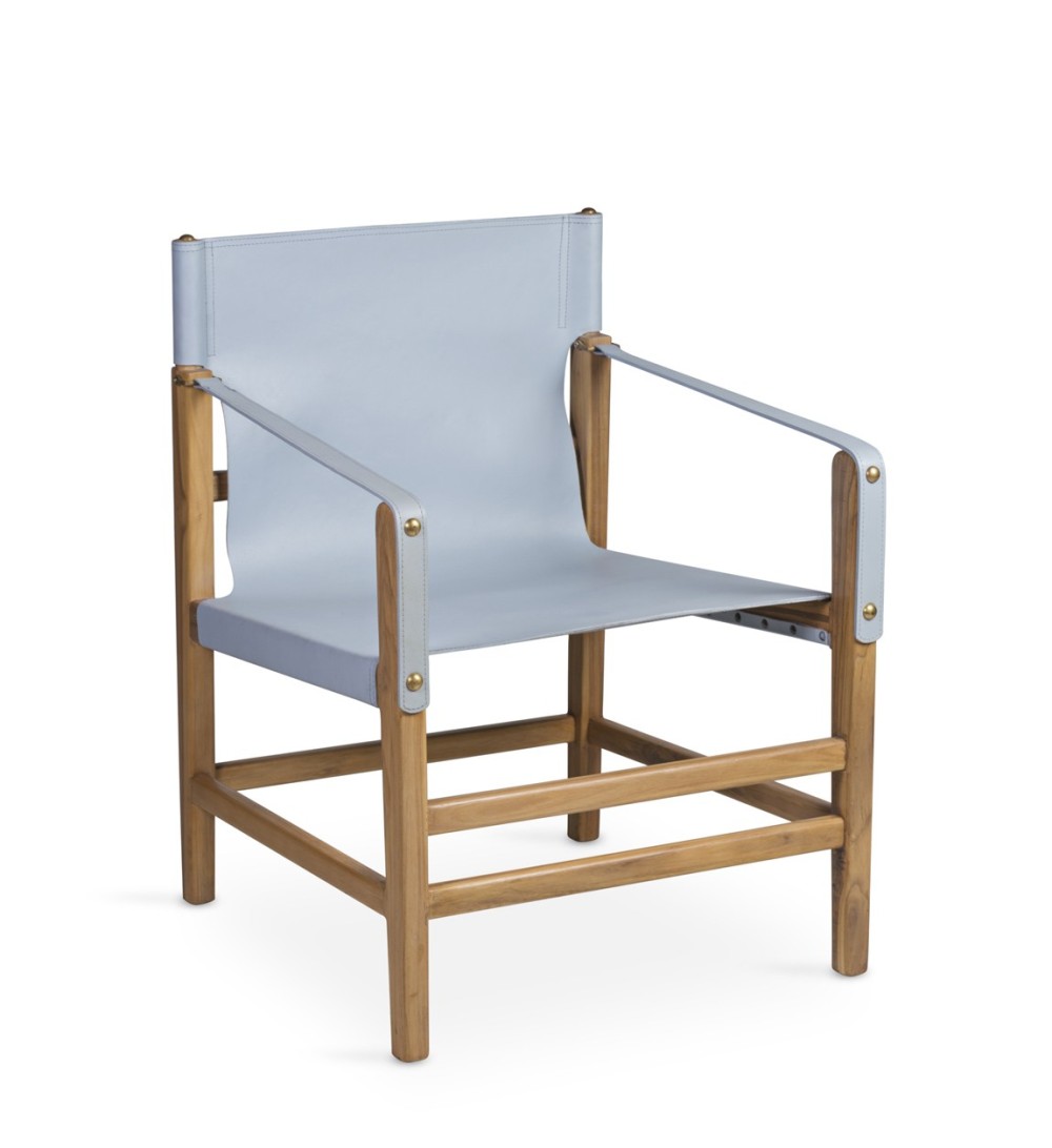 TETUAN - Teak and blue leather armchair 60 x 60 x 80