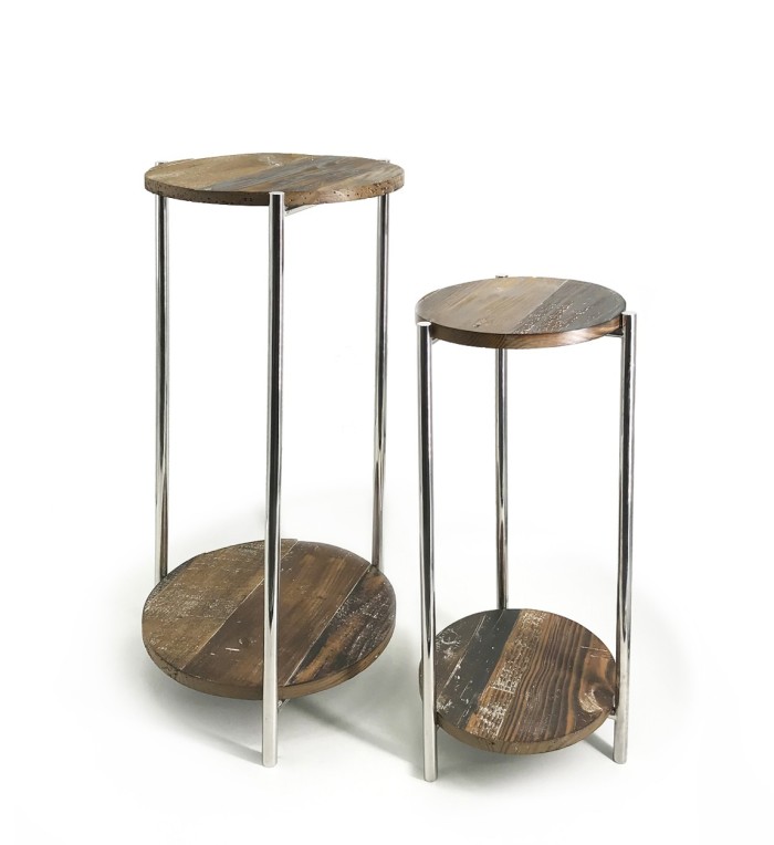 Set of 2 spruce and stainless steel side tables 37 x 37 x 83 / 30 x 30 x 68