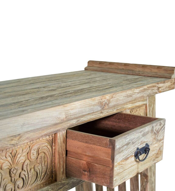 Carved teak console with 2 drawers 200 x 45 x 80