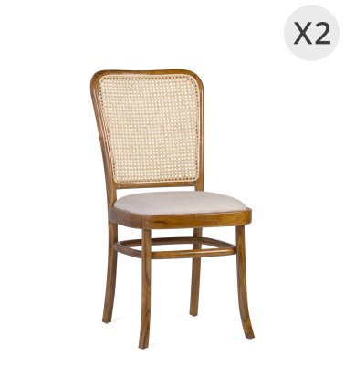 Conjunto de 2 cadeiras de teca e rattan estofadas 45 x 53 x 86