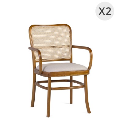 Set of 2 upholstered teak and rattan armchairs 56 x 59 x 87