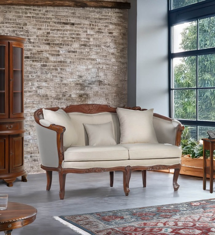 VINTAGE - Sofá de 2 lugares de mogno e tecido cor bege 150 x 75 x 90