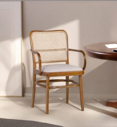 Set of 2 upholstered teak and rattan armchairs 56 x 59 x 87