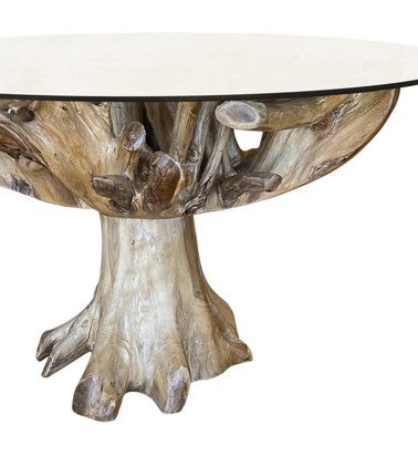 Teak root and glass dining table 150 x 150 x 78