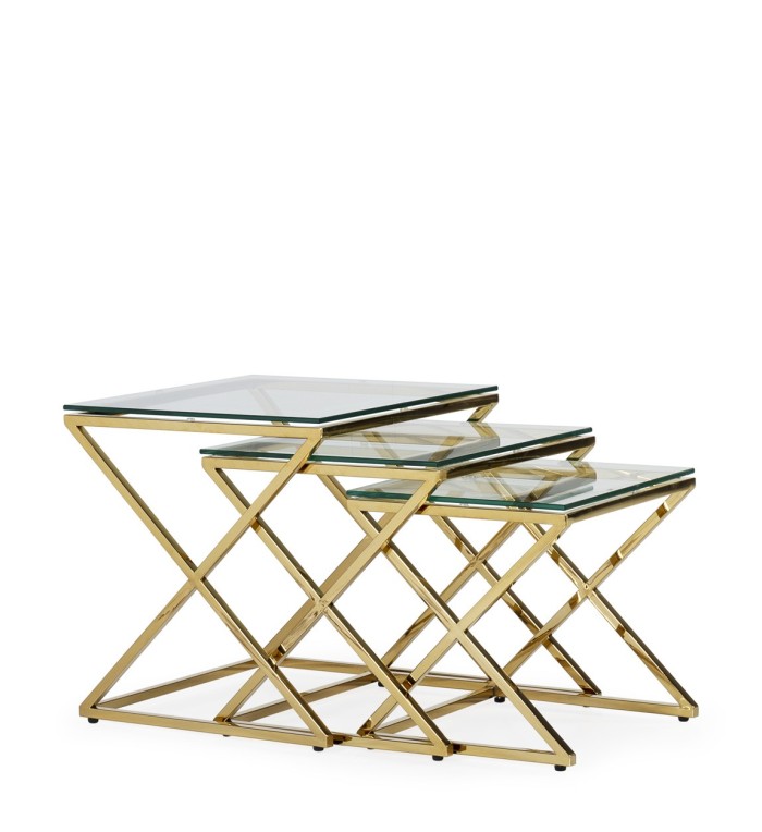 BERLIN - Set of 3 Steel and glass auxiliary tables 45 x 45 x 46 / 40 x 40 x 41 / 35 x 35 x 36