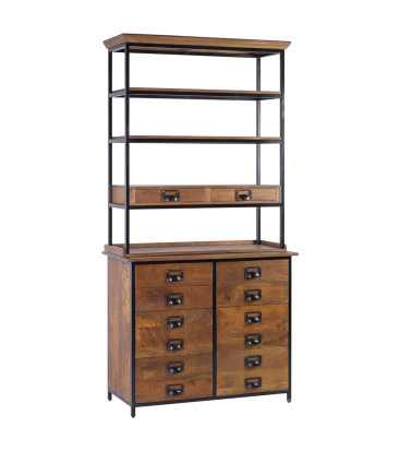 TORONTO - Mango and iron bookcase with 10 drawers and 4 gaps 100 x 45 x 200