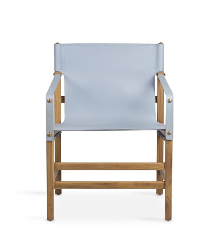 TETUAN - Teak and blue leather armchair 60 x 60 x 80