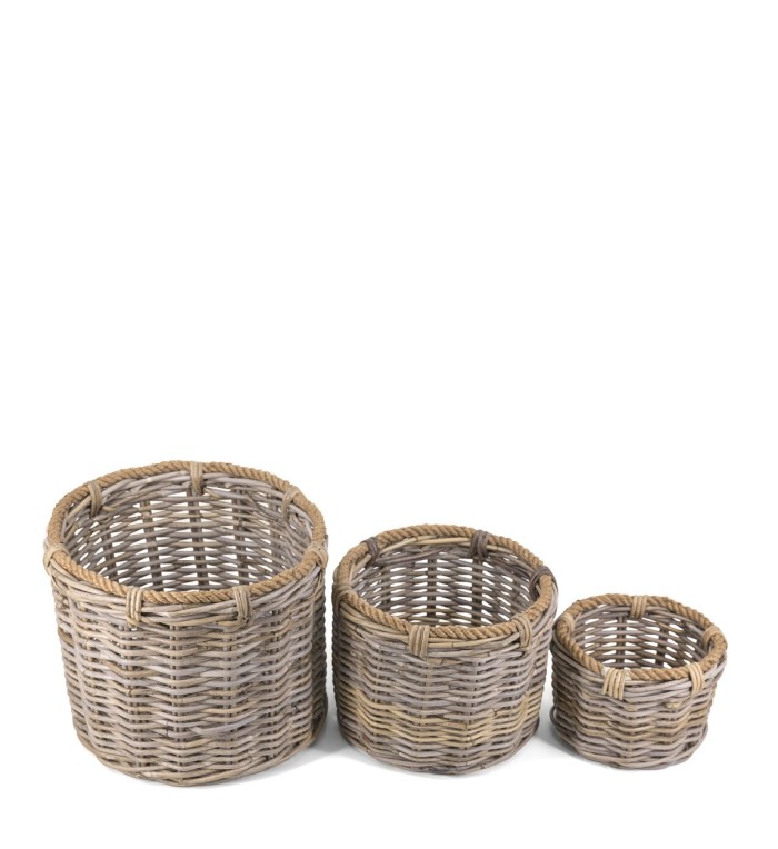 SET MIT 3 KÖRBEN AUS RATTAN UND SEIL 40 x 40 x 32 / 32 x 32 x 25 / 22 x 22 x 18