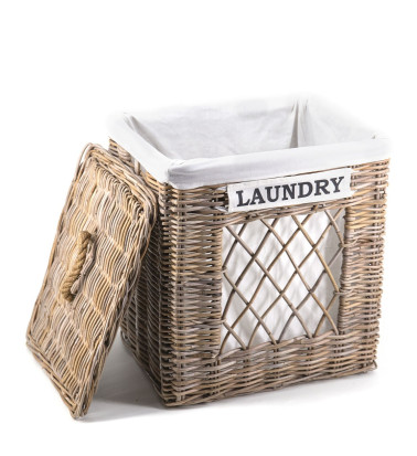 RATTAN - Basket with lid and "laundry" label 43 x 34 x 55