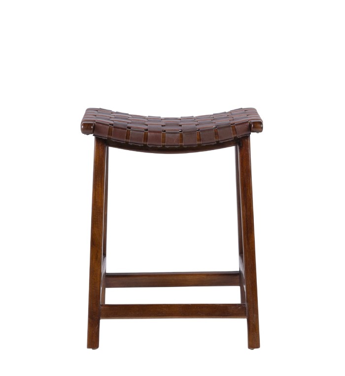 Teak and leather stool 45 x 47 x 60