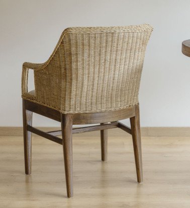 RATTAN - Mahogany, rattan, and fabric armchair 58 x 60 x 88