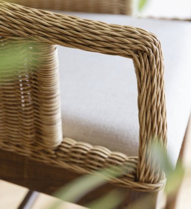 RATTAN - Mahogany, rattan, and fabric armchair 58 x 60 x 88