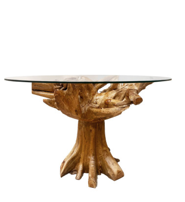 Teak root and glass dining table 130 x 130 x 78