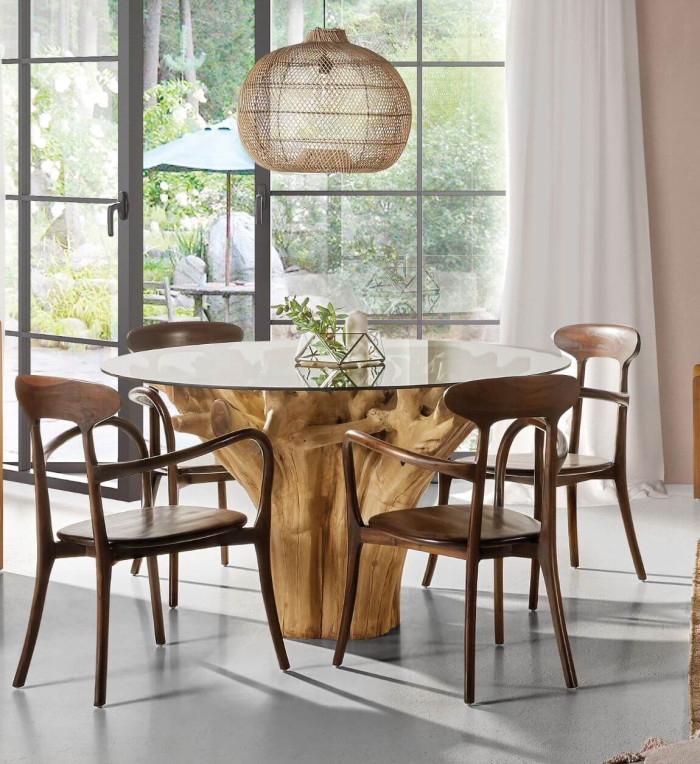 Teak root and glass dining table 150 x 150 x 78