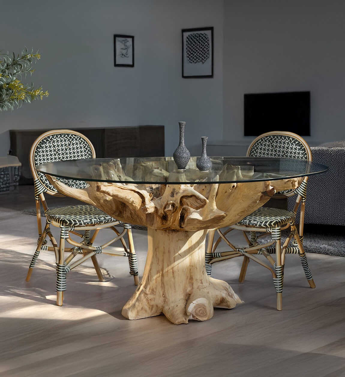 Teak root and glass dining table 150 x 150 x 78