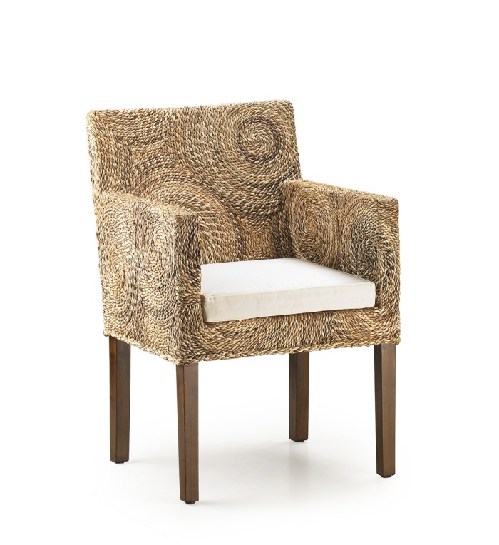 RATTAN - Mahogany and rattan armchair with cushion 56 x 60 x 85