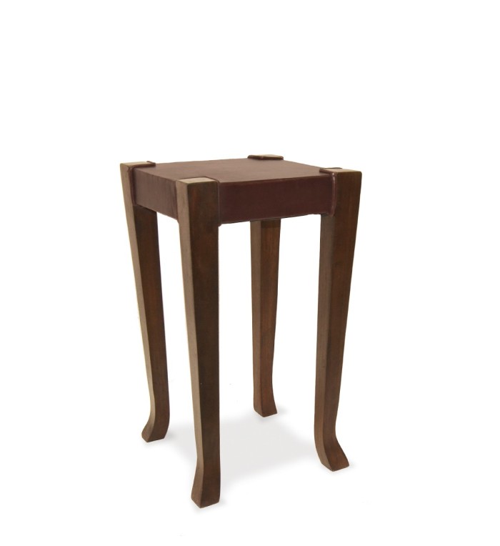 Set de 2  tables d'appoint en teck et cuir 37 x 37 x 65 / 24 x 24 x 56