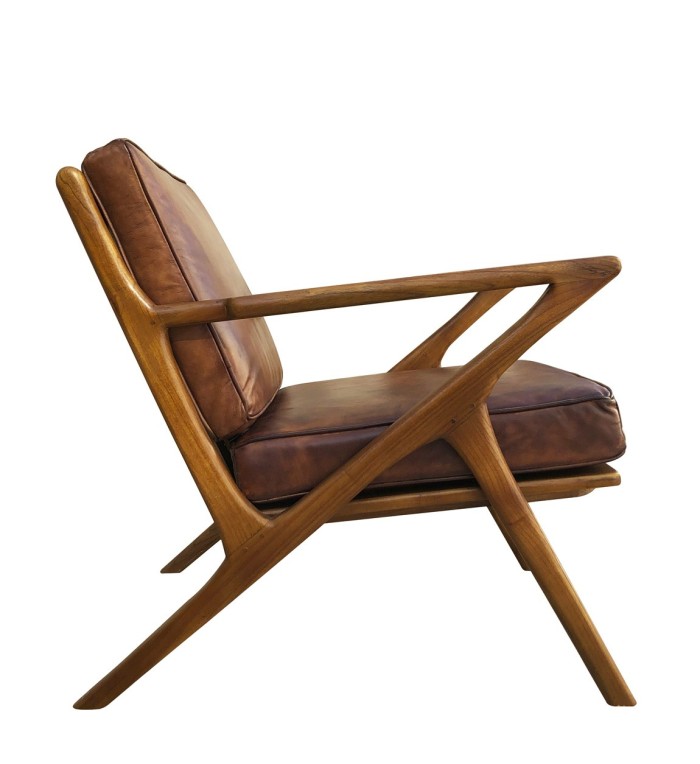 Teak and leather armchair 65 x 75 x 75