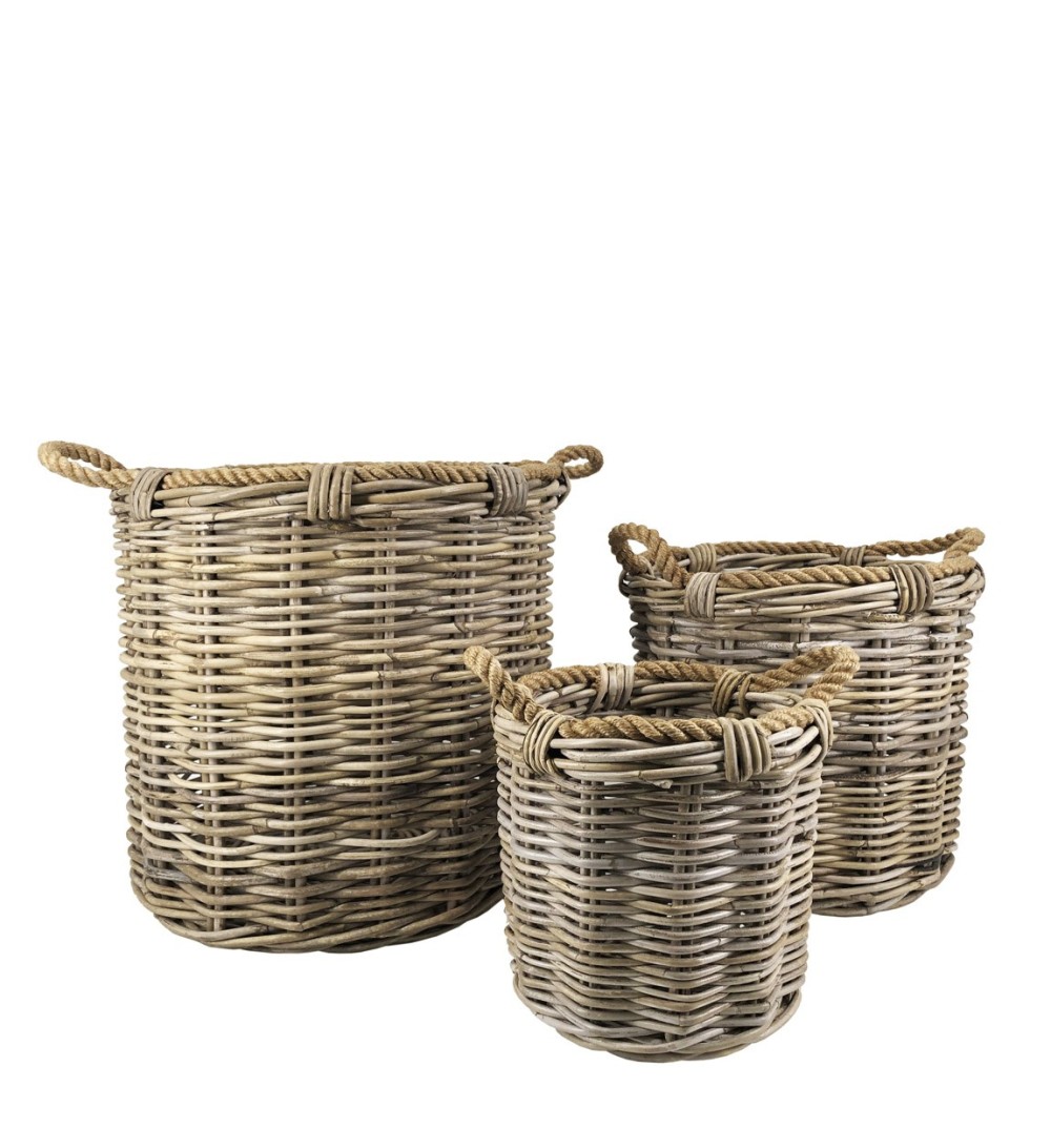 SET MIT 3 KÖRBEN AUS RATTAN UND SEIL 40 x 40 x 40 / 32 x 32 x 34 / 22 x 22 x 25