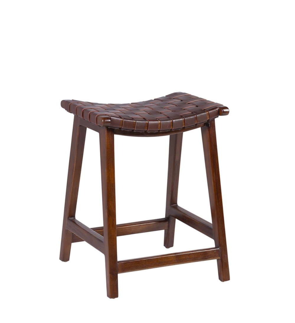 Teak and leather stool 45 x 47 x 60