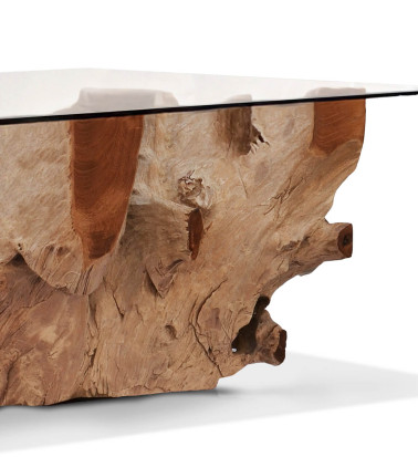 Coffee table made of bleached teak root with glass 120 x 75 x 45