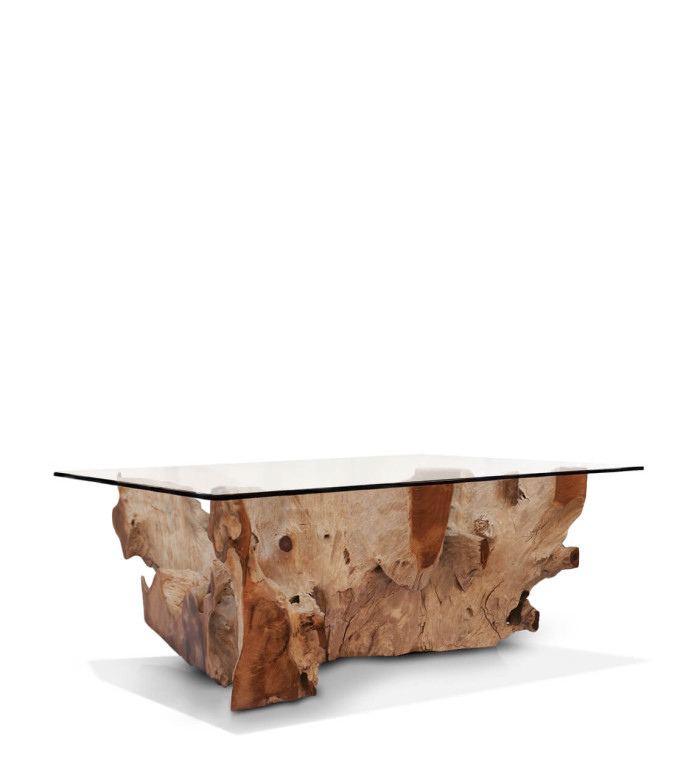 Coffee table made of bleached teak root with glass 120 x 75 x 45