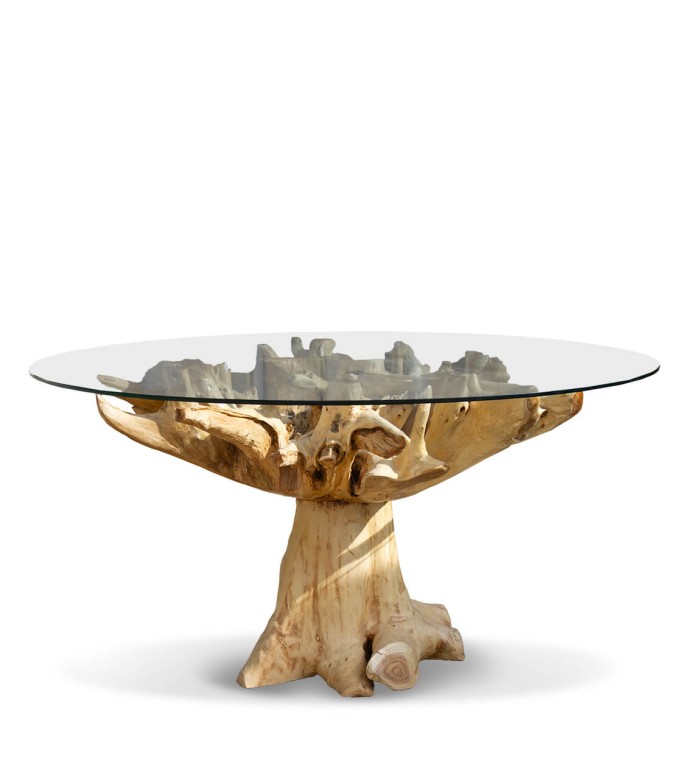 Teak root and glass dining table 150 x 150 x 78