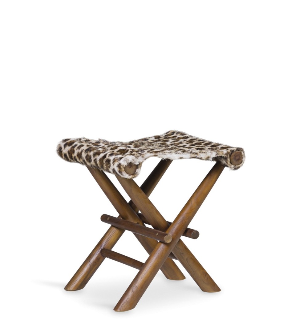 Tabouret en teck et cuir naturel 48 x 40 x 45