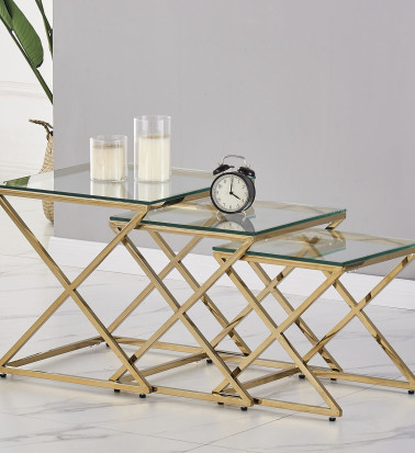 BERLIN - Lot de 3 tables d'appoint en acier et verre 45 x 45 x 46 / 40 x 40 x 41 / 35 x 35 x 36