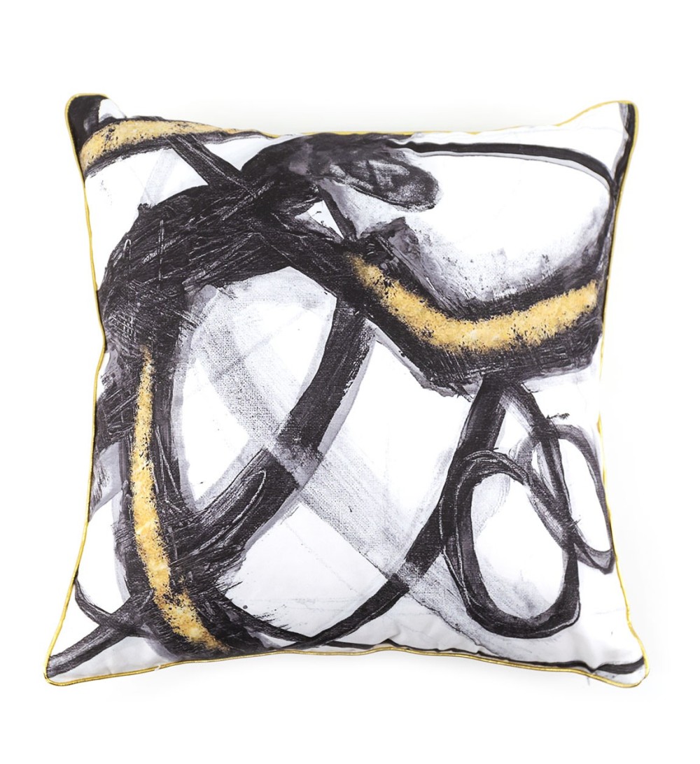 OLIVIA - Abstract black and gold design polyester cushion 45 x 45