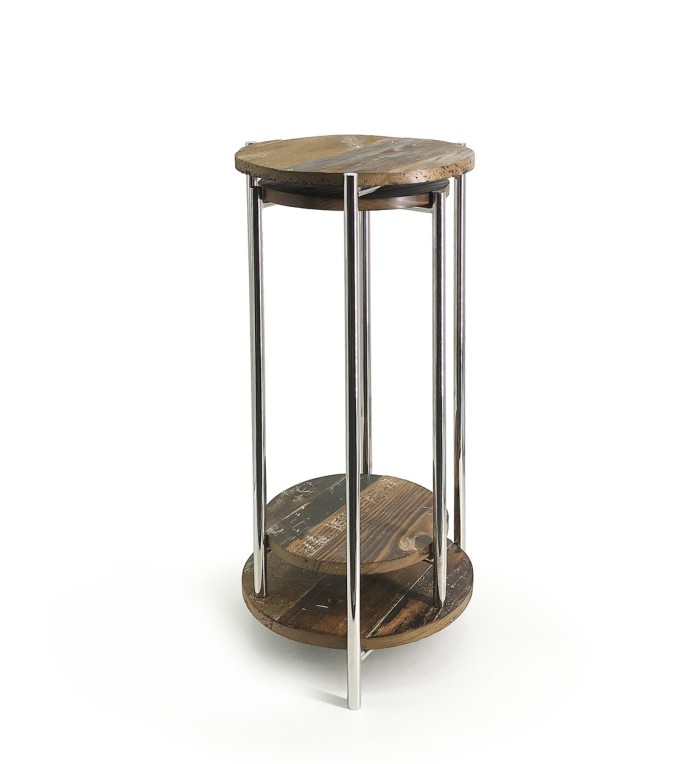 Set of 2 spruce and stainless steel side tables 37 x 37 x 83 / 30 x 30 x 68