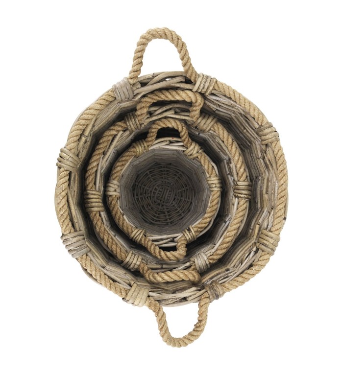 Set of 3 rattan and rope baskets 40 x 40 x 40 / 32 x 32 x 34 / 22 x 22 x 25