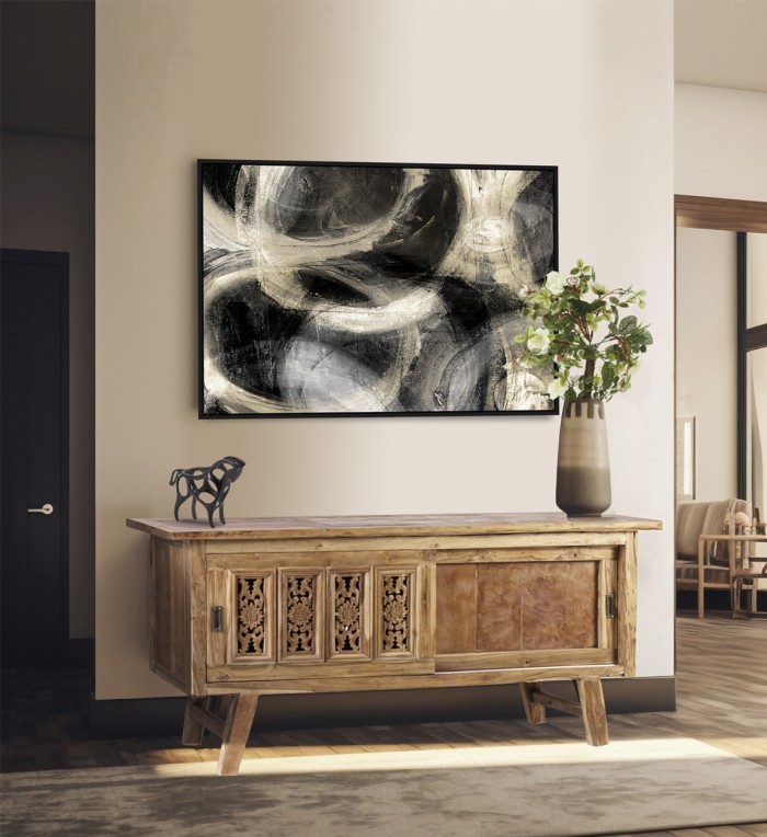 Buffet em teca reciclada com escultura 183 x 48 x 83